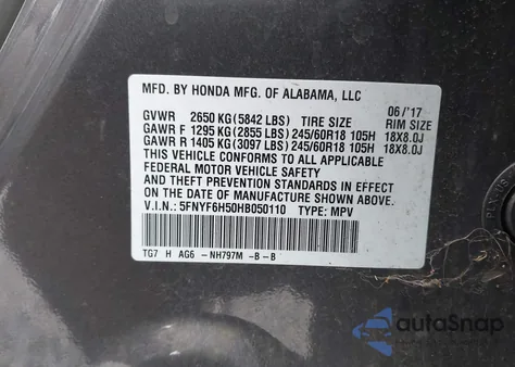 2017 Honda Pilot Ex-L from USA, damaged, VIN 5FNYF6H50HB050110